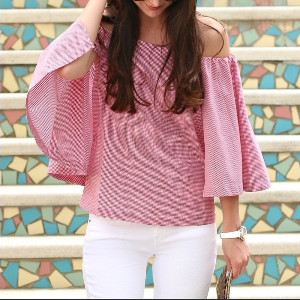 Banana Republic Off-the-Shoulder Cape Cotton Gingham Blouse Red/White Women's LG